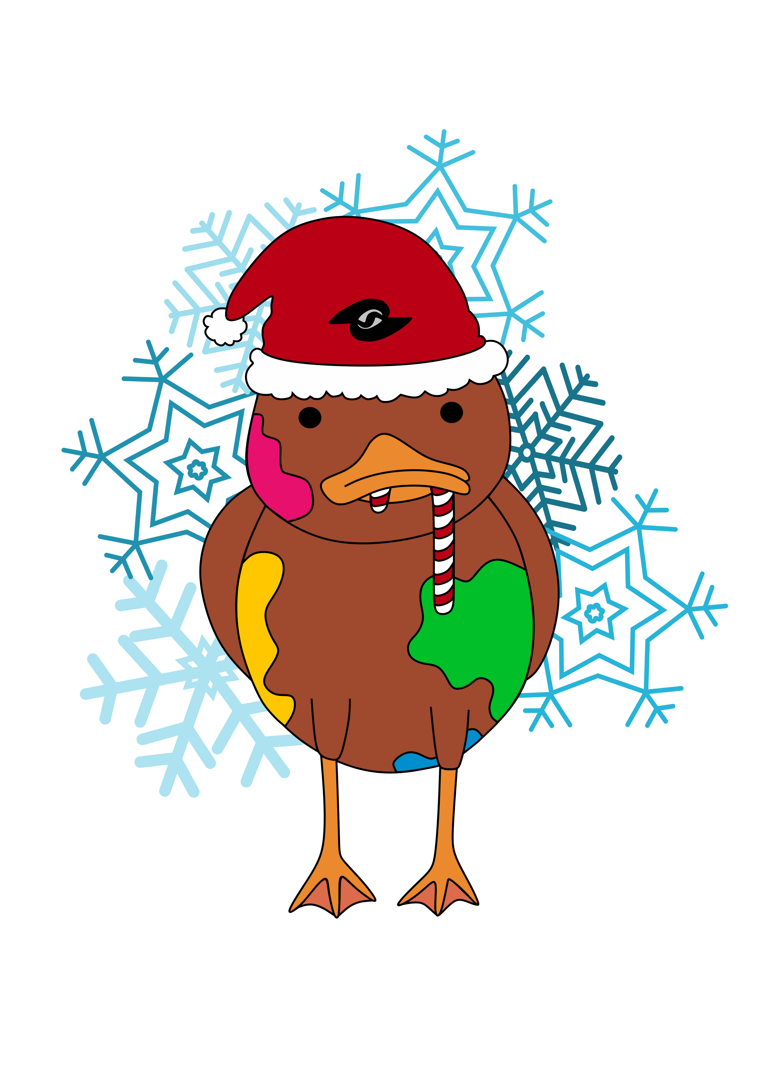 Zeichnung von Schulmaskotchen Steini ein braunes Entenküken mit einer Rotweißen Cappy mit dem Freiher vom Stein Gymnasium logo und bunten Farbklecksen auf seinem Gefieder Steini mit Winter Mütze
