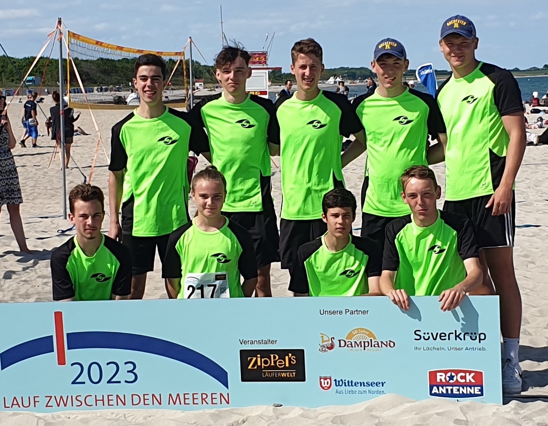 Das siegreiche Team am Strand; im Vordergrund das Banner des Wettbewerbs